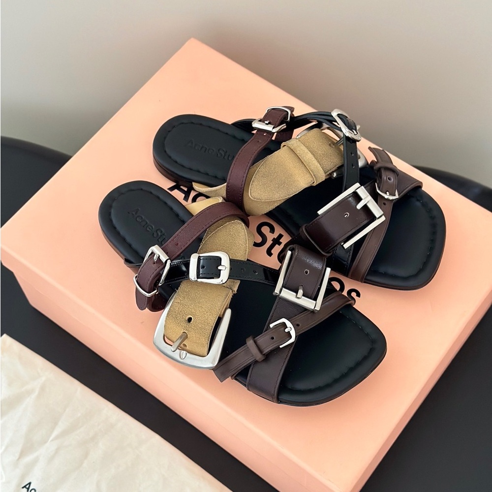 Acne Multi-Color Triple-Buckle Leather & Suede Sandals - Picture 7 of 9